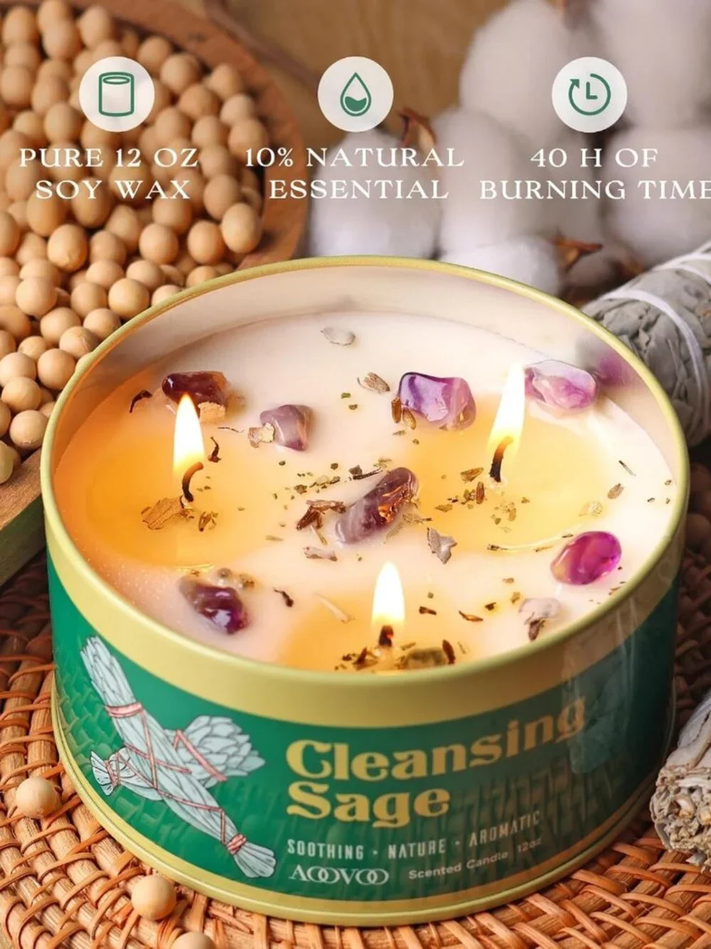 Large 12oz Sage Candle with Crystals & Leaves - Aromatherapy for Meditation